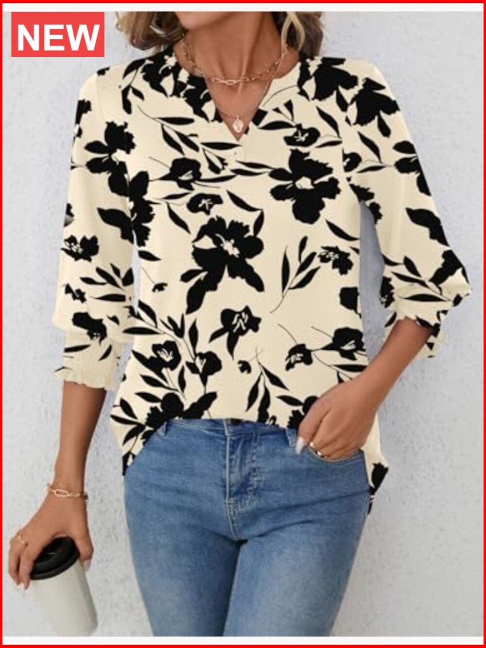 3/4 Sleeve V-Neck Blouse with Ruffle Cuffs - Business Casual - Picture 6 of 7